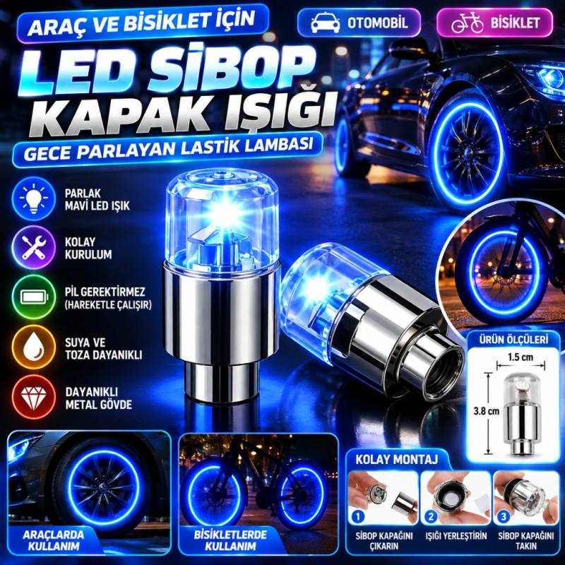 Araç ve Bisiklet İçin 2’li Mavi LED Hava Valfi Işık Kapakları–Gece Parlayan Lastik Lambası Sibop Kapağı