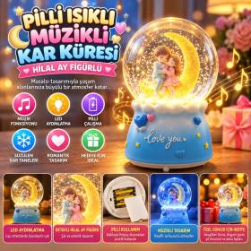 Pilli Işıklı Müzikli Kar Küresi–Hilal Ay Figürlü Romantik Masaüstü Biblo, LED Aydınlatmalı Dekoratif Hediyelik Kar Küresi