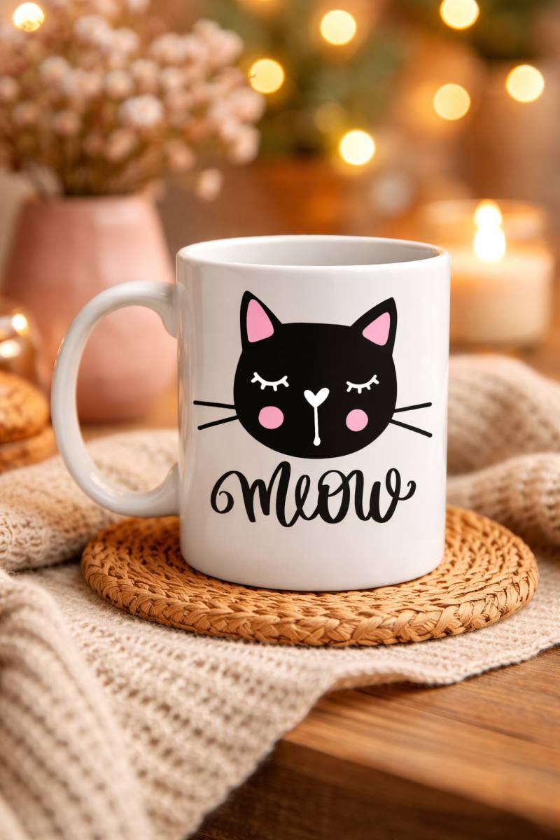 Sevimli Kedi Desenli Porselen Kupa MODEL 63 – “Meow” Yazılı Kahve & Çay Keyfi İçin Tatlı Tasarım