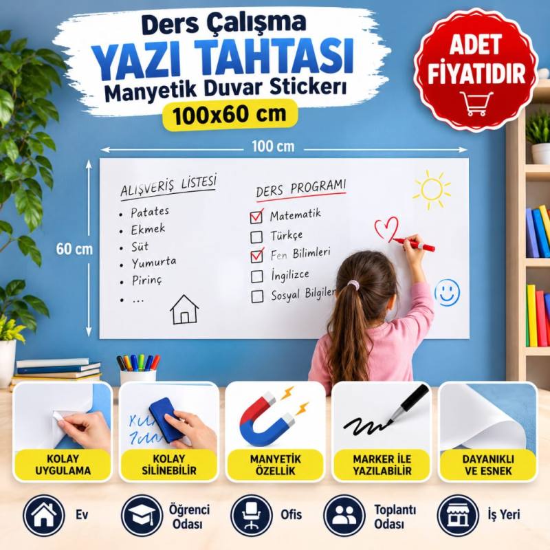 Ders Çalışma Yazı Tahtası Manyetik Duvar Stickerı 100x60 cm (adet fiyatıdır)