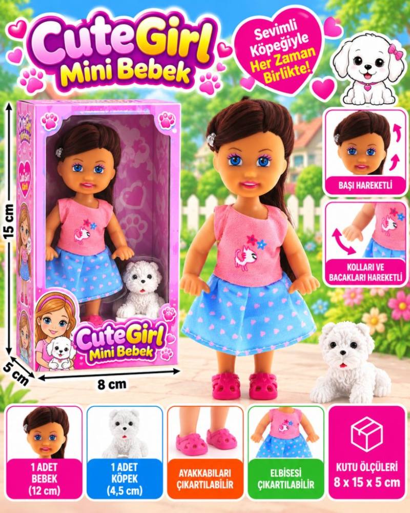 Beyaz Köpekli ve Kumral Mini Bebek