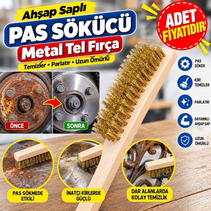 Metal Telli Fırça Ahşap Saplı Pas Kir Sökme Temizleme Fırçası (adet fiyatıdır)