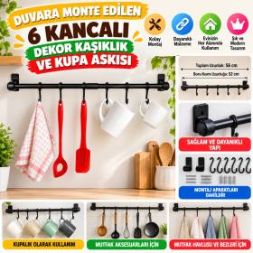 Duvara Monte Edilen 6 Kancalı Dekor Kaşıklık ve Kupa Askısı (adet fiyatıdır)
