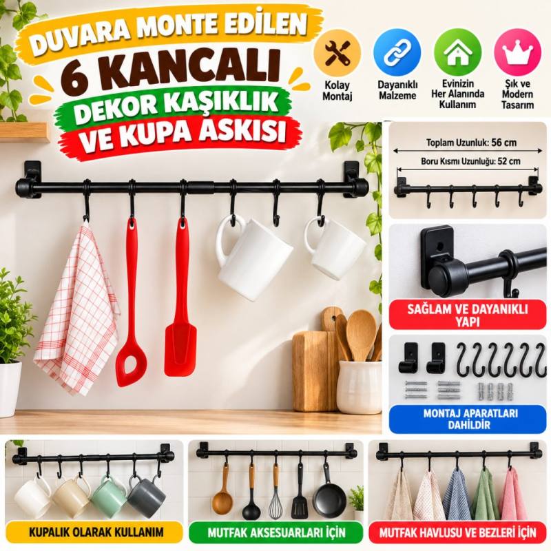 Duvara Monte Edilen 6 Kancalı Dekor Kaşıklık ve Kupa Askısı (adet fiyatıdır)