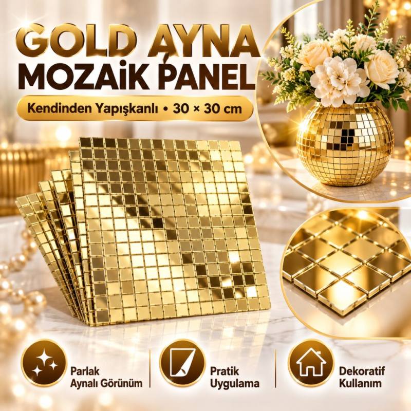 Kare Gold Cam Mozaik Fayans Çıkartmaları El İşi Kare Cam Fayans Kendinden Yapışkanlı Aynalı Dekor Panel 30x30 Cm