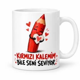Kırmızı Kalem Tasarımlı Porselen Kupa - MODEL 1010
