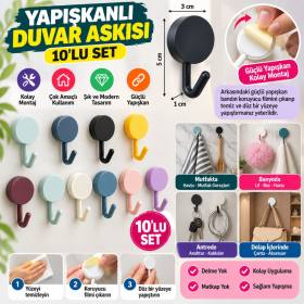 10 lu Plastik Kendinden Yapışkanlı Renkli Askı Seti