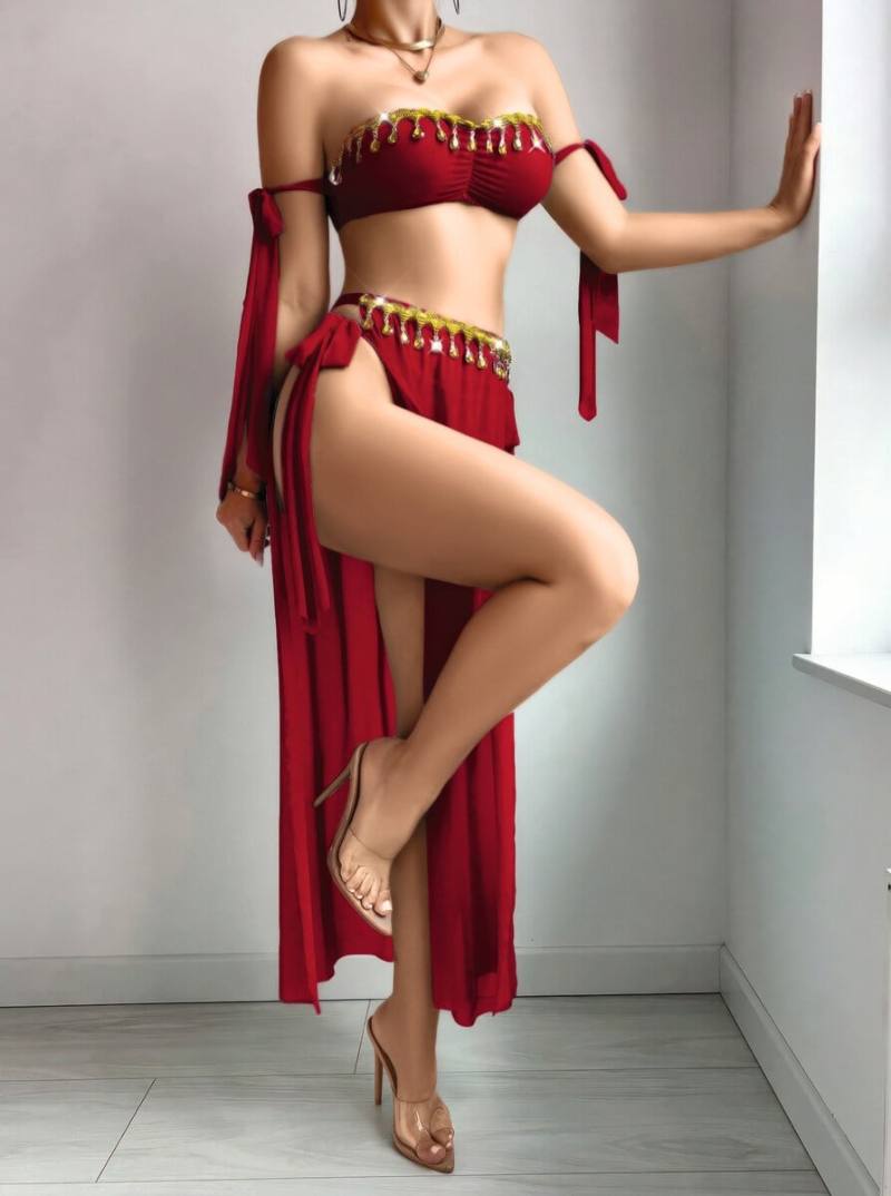 Kadın Bordo Dansöz Elbisesi Parlak Aksesuar Fantezi Kostüm 2316