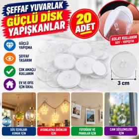 20 Adet Şeffaf Yuvarlak 3 Cm Çaplı Güçlü Disk Yapışkanlar