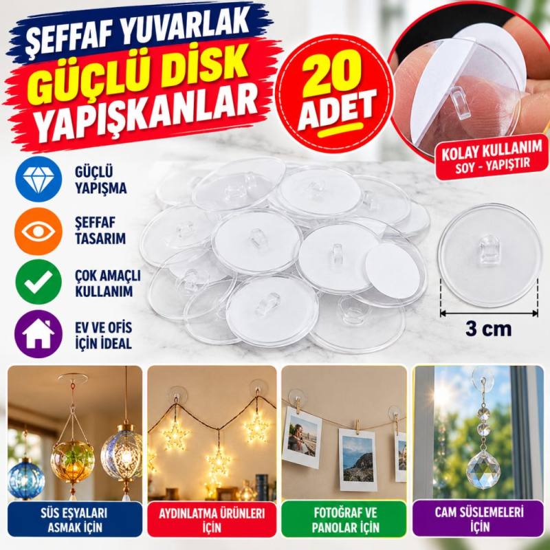 20 Adet Şeffaf Yuvarlak 3 Cm Çaplı Güçlü Disk Yapışkanlar