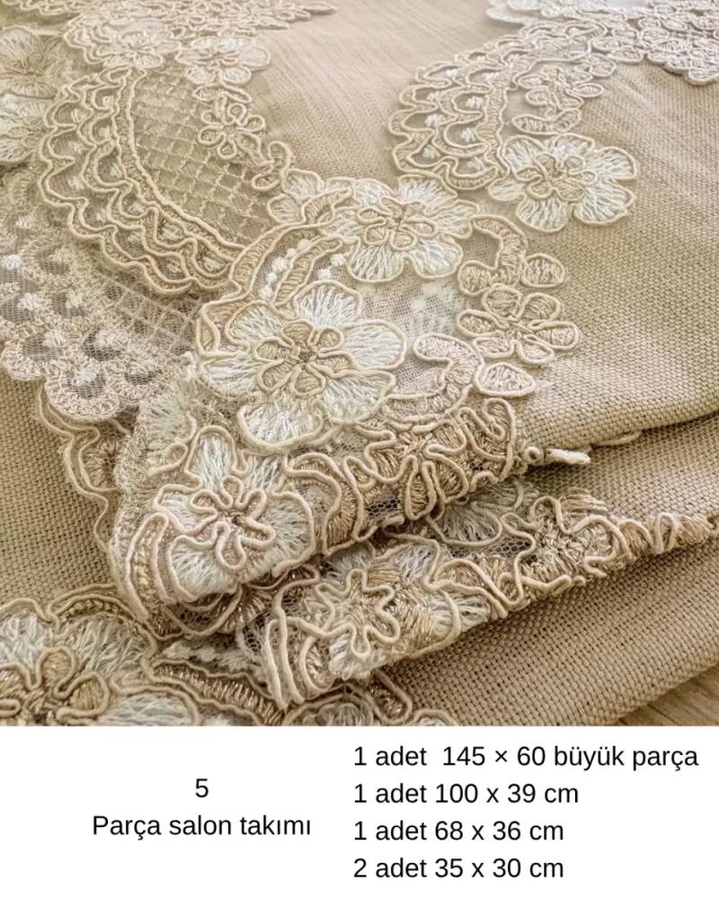 Kapiçino Çeyizlik Firuze Model 5 Parça Keten Dantelli Runner Seti Salon Takımı