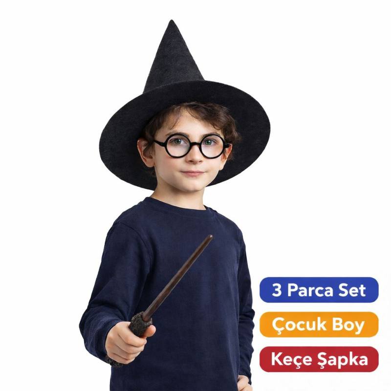 Harry Potter Tarzı Çocuk Seti (Siyah Keçe Şapka, Asa, Gözlük)