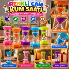 Renkli Cam Kum Saati – Dekoratif Masaüstü Zaman Ölçer, Estetik Ofis ve Ev Aksesuarı