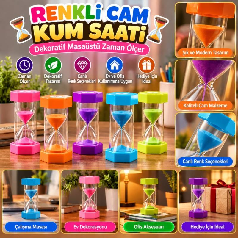 Renkli Cam Kum Saati – Dekoratif Masaüstü Zaman Ölçer, Estetik Ofis ve Ev Aksesuarı