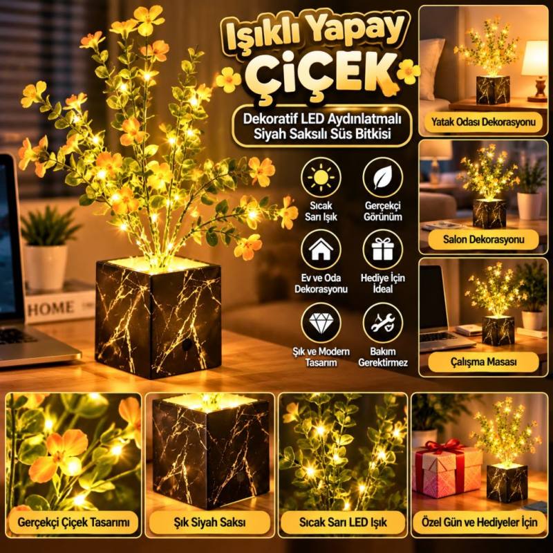 Işıklı Yapay Çiçek – Siyah Saksılı LED Dekoratif Bitki, Masaüstü ve Ev Ofis Aydınlatmalı Süs Bitkisi