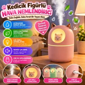 Kedicik Figürlü Hava Nemlendirici – Ultrasonik Soğuk Buhar Makinesi, LED Işıklı Masaüstü Oda Nemlendirici