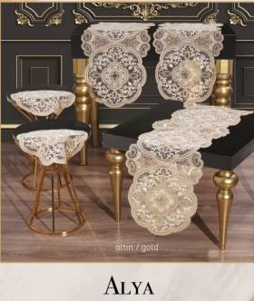 5 Parça Alya Gold Dantelli Salon Takımı Runner Masa Örtüsü Şık Modern Tasarım
