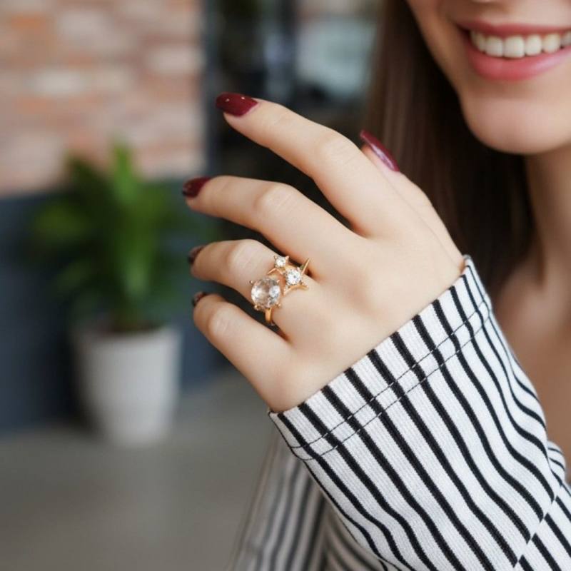 Asimetrik Tasarım Taşlı Ayarlanabilir Yüzük | Altın Kaplama