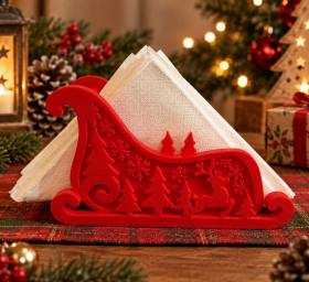 3D Baskı Noel Kızağı Formlu Yılbaşı Peçetelik Dekoratif Yeni Yıl Sofra Peçete Tutucu Kırmızı
