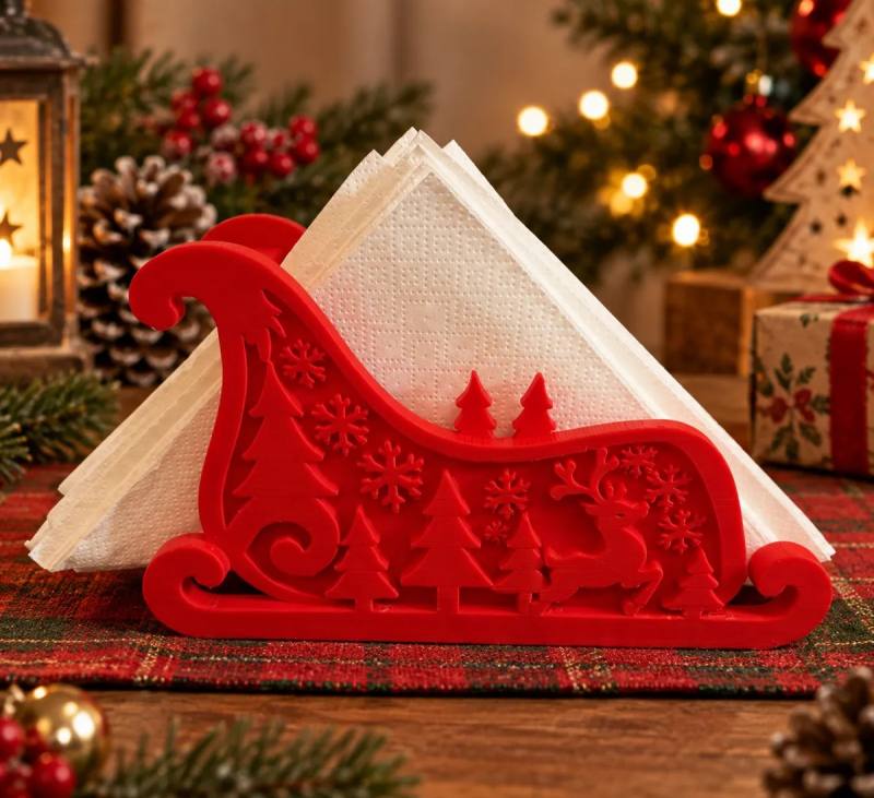 3D Baskı Noel Kızağı Formlu Yılbaşı Peçetelik Dekoratif Yeni Yıl Sofra Peçete Tutucu Kırmızı