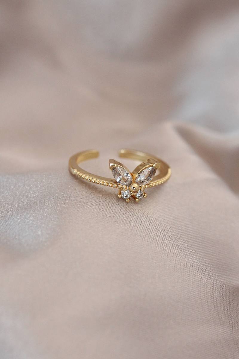 Ayarlamalı Gold Renk Metal Zirkon Taş ve Kristal Taşlı Kelebek Model Yüzük
