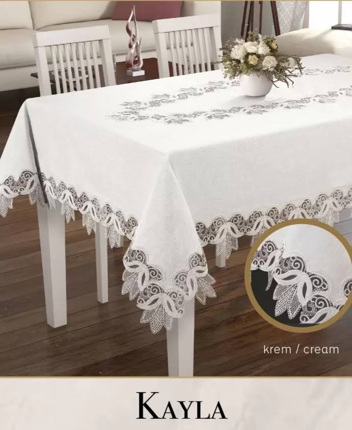Keten Masa Örtüsü Tablecloth 155x260 cm Dantel Masası Örtüsü Kayla Model Krem