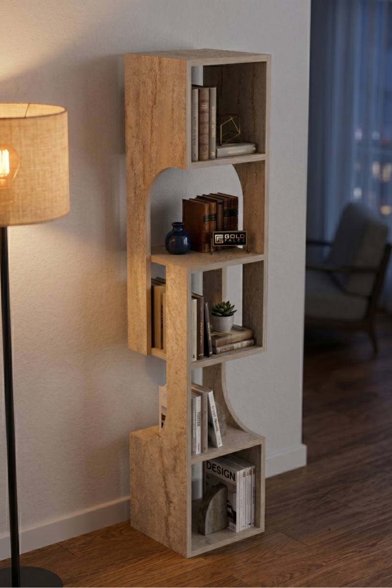 Kitaplık Ahşap Dekoratif Raf 5 Katlı Modern Çok Amaçlı Kitaplık Salon Ofis Kitaplığı 7065 Traverten