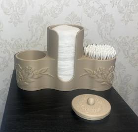 3D Baskı Makyaj Pamuğu ve Kulak Çubuğu Tutucu Çiçek Desenli Kapaklı Banyo Organizeri Bej