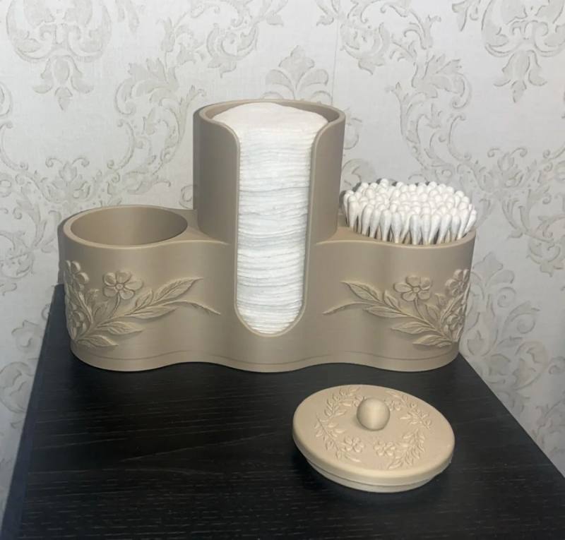 3D Baskı Makyaj Pamuğu ve Kulak Çubuğu Tutucu Çiçek Desenli Kapaklı Banyo Organizeri Bej