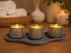 3D Baskı Dekoratif Mumluk Seti - Desenli Tealight ve Masaüstü Aydınlatma Objesi-Gri