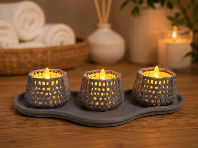 3D Baskı Dekoratif Mumluk Seti - Desenli Tealight ve Masaüstü Aydınlatma Objesi-Gri