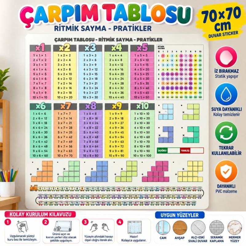 70x70cm Statik İz Bırakmaz Kağıt Renkli Çarpım Tablosu