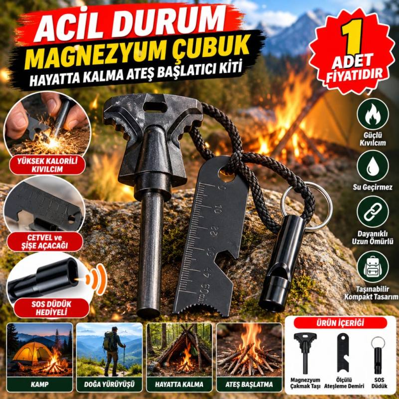 Acil Durum Magnezyum Çubuk Çakmaktaşı Hayatta Kalma Ateş Başlatıcı Çakmak Kiti Düdük Hediyel