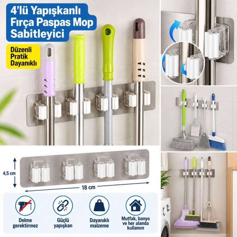 Pratik Organizer 4lü Yapışkanlı Fırça Paspas Mop Fırça Sabitleyici Ergonomik Alet Aparatı (adet fiyatıdır)