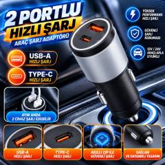 Araç İçi Çakmaklığa TakılanType-C ve USB Girişli 2 Portlu Hızlı Şarj Adaptörü