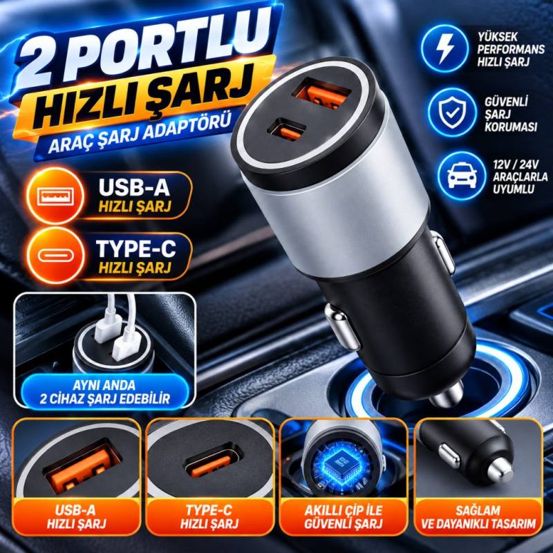 Araç İçi Çakmaklığa TakılanType-C ve USB Girişli 2 Portlu Hızlı Şarj Adaptörü