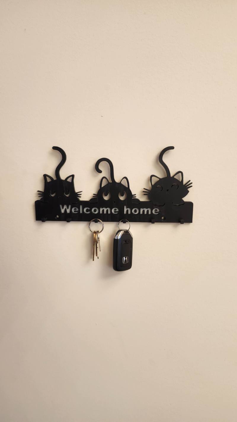 3D Baskı Kedili Welcome Home Anahtar Askısı Duvar Anahtarlığı Dekoratif