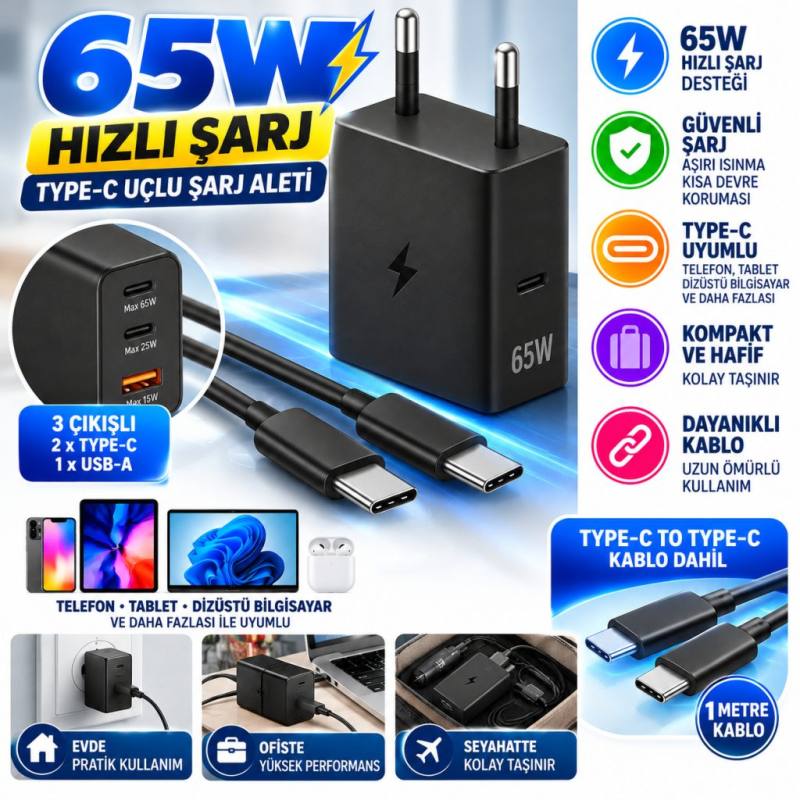 65W Hızlı Şarj Edebilen TYPE C uçlu Şarj Aleti