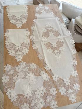 Salon Takımı Çeyizlik Krem Runner Set 5 Parça Keten Masa Örtüsü Runneri Lüx Evita