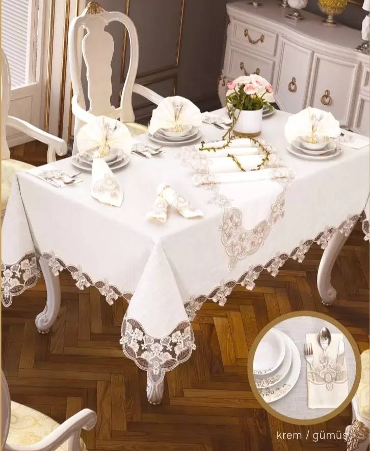 Gardenya Keten Karanfil Gri 26 Parça 12 Kişilik 160 × 220 cm Masa Takımı