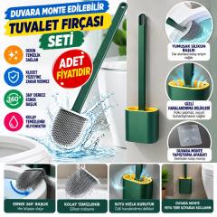 Duvara Monte Edilebilir Kapaklı Askılı Klozet Yumuşak Silikon Başlıklı Tuvalet Fırçası Seti