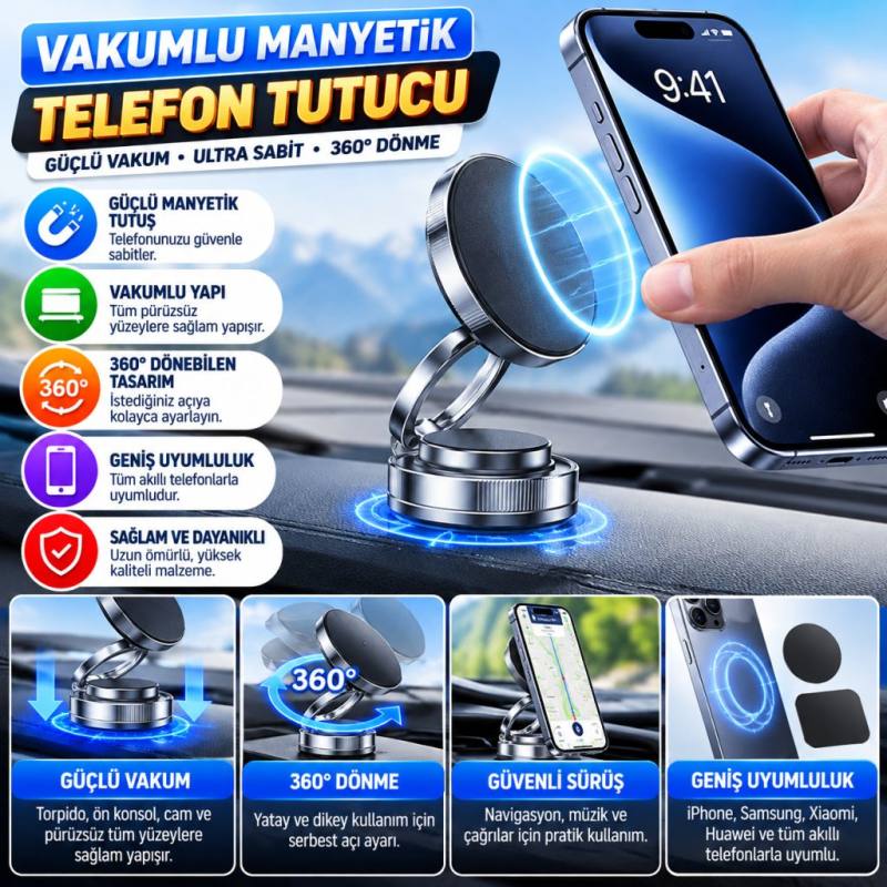 Vakumlu Manyetik Telefon Tutucu – Güçlü Vakum 360° Döner Araç İçi Telefon Standı, Ultra Sabit Manyetik Destekli Mobil Cihaz Aparatı