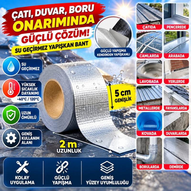 2 Mt Yüksek Sıcaklık Dayanan Su Geçirmez Çatı Duvar Çatlak Onarıcı Yapışkan Bant Folyo 5 Cm