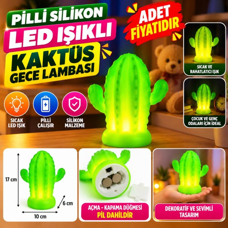 Pilli Silikon Led Işıklı Sevimli Kaktüs Gece Lambası Aydınlatması (adet fiyatıdır)