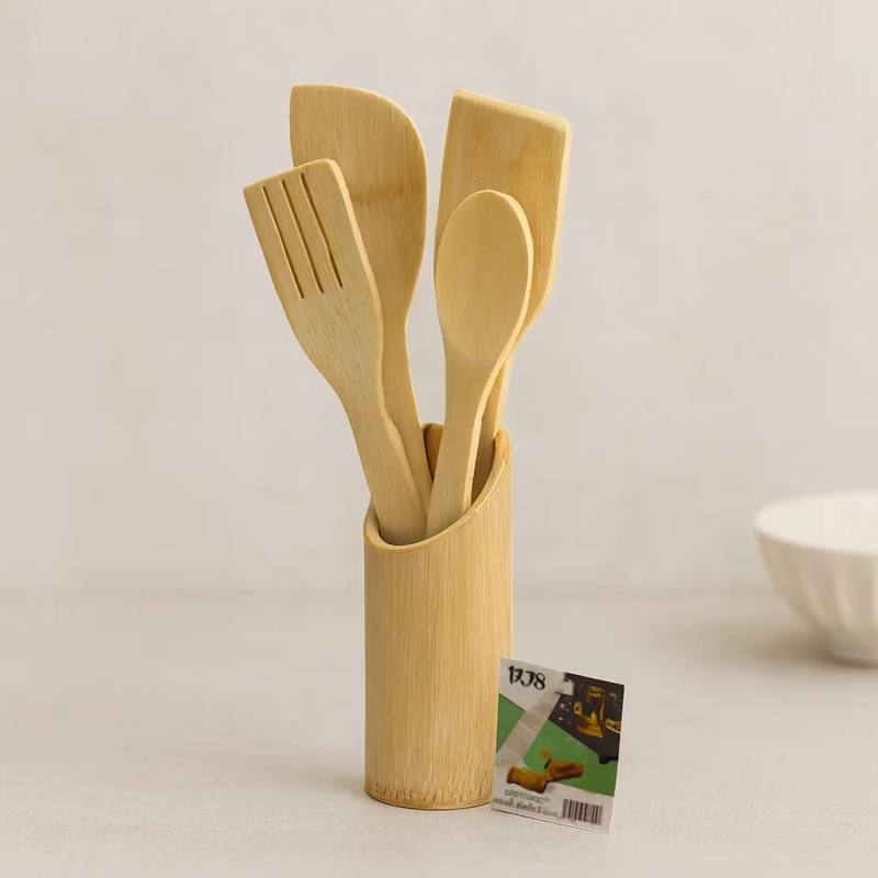 Ahşap Bambu Mutfak Servis Seti 5 Parça (Kaşık, Çatal, 2 Spatula, Stand) 27.5/30 cm