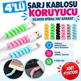 4lü Apple, Android Şaj Kablosu Koruyucu Silikon Spiral Yay Aparat