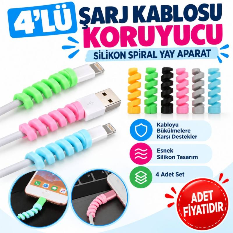 4lü Apple, Android Şaj Kablosu Koruyucu Silikon Spiral Yay Aparat