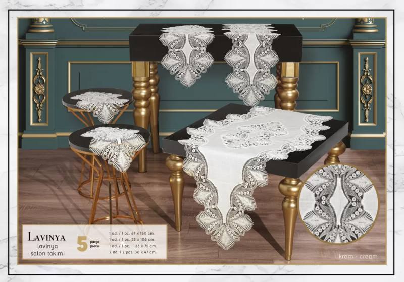 Salon Takımı 5 Parça Keten Dantelli Masa Örtüsü Runner Seti Çeyizlik Lavinya Model Krem-Krem