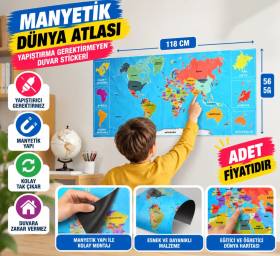 Renkli Atlas Dünya Haritası Manyetik Yapıştırıcı Gerektirmeyen Duvar Stickerı 118 CM * 56 CM (adet fiyatıdır)