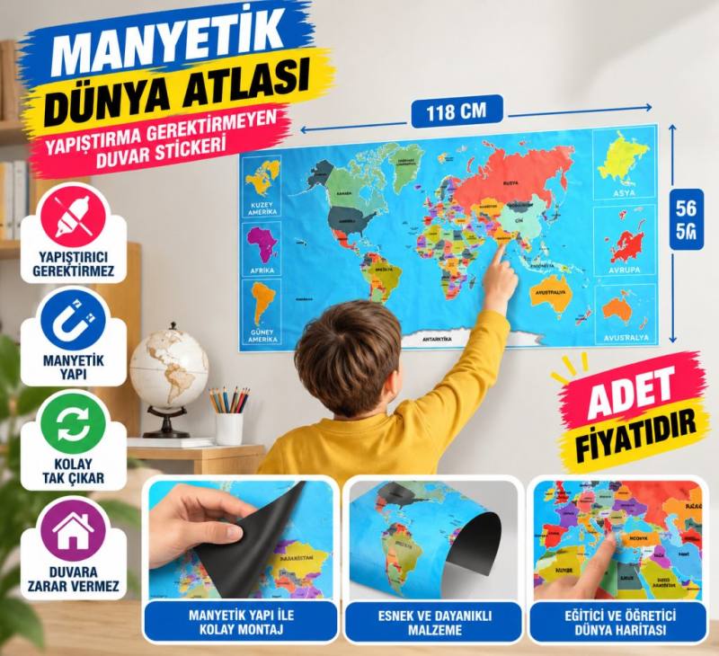 Renkli Atlas Dünya Haritası Manyetik Yapıştırıcı Gerektirmeyen Duvar Stickerı 118 CM * 56 CM (adet fiyatıdır)